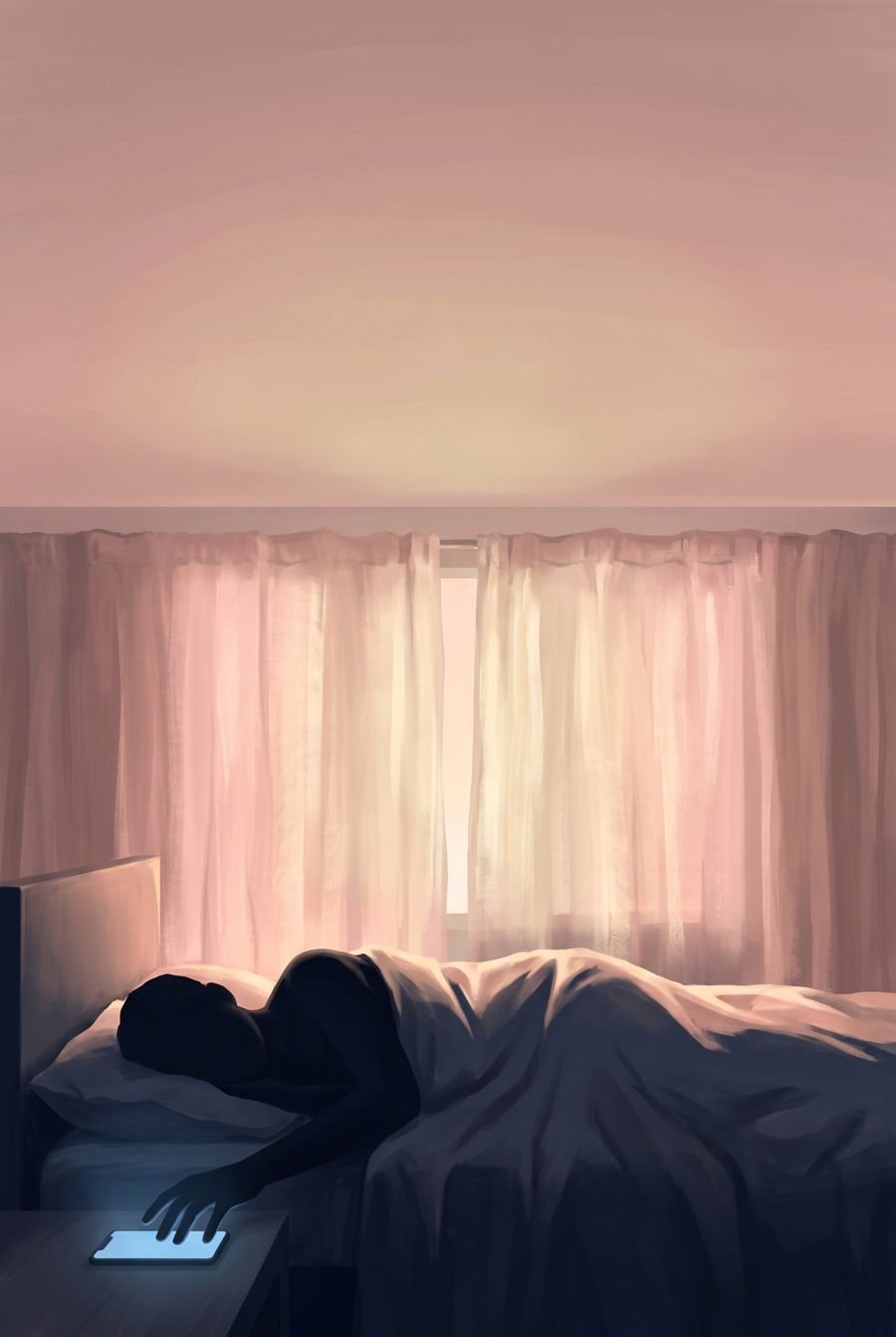 À l’aube, une main se tend vers le téléphone posé sur la table de nuit.