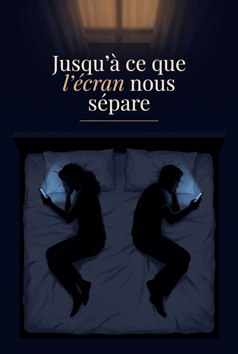 Couverture du livre : un couple allongé dos à dos dans un lit, chacun éclairé par son téléphone.