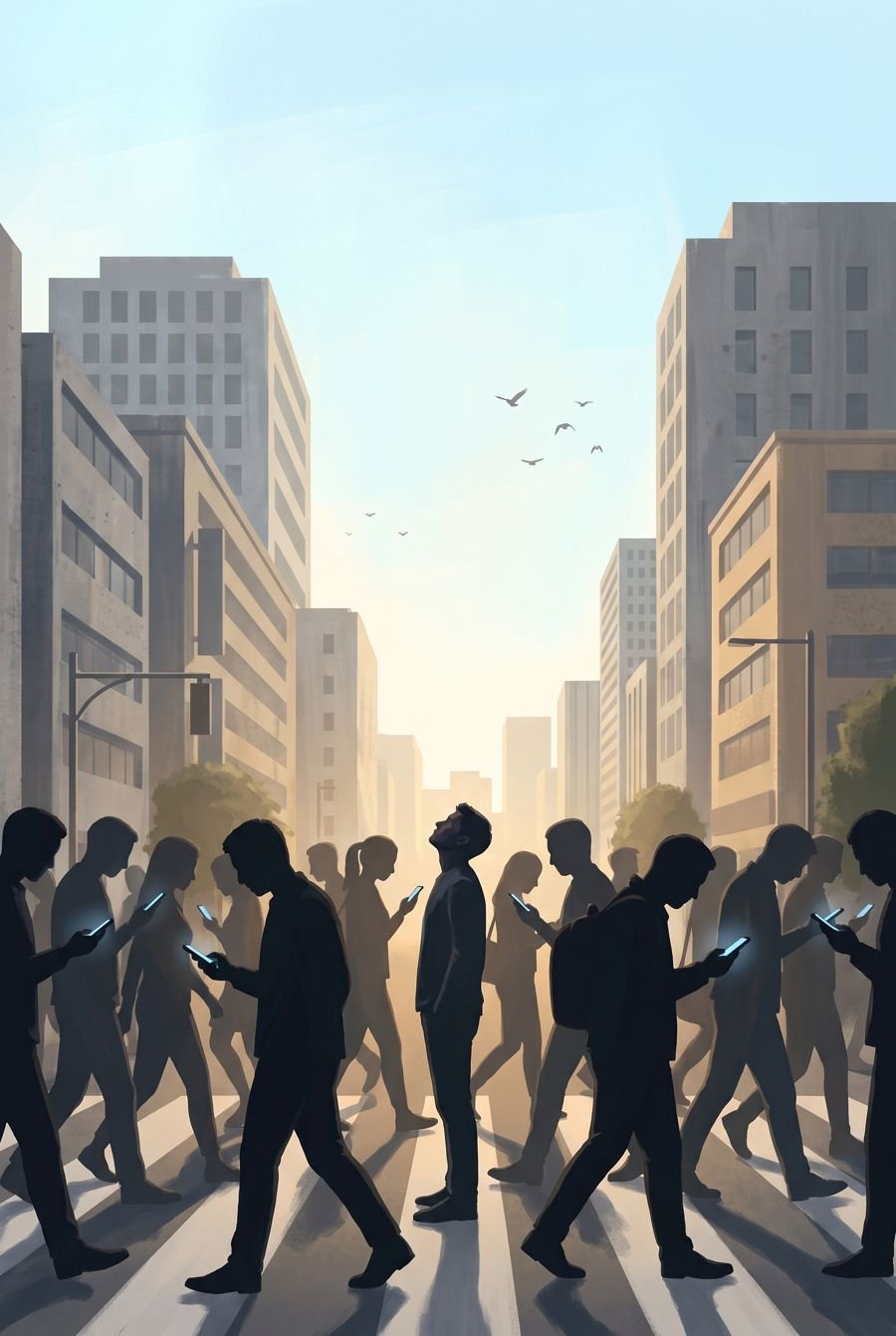 En ville, une foule penchée sur ses téléphones ; une seule personne lève les yeux vers le ciel.